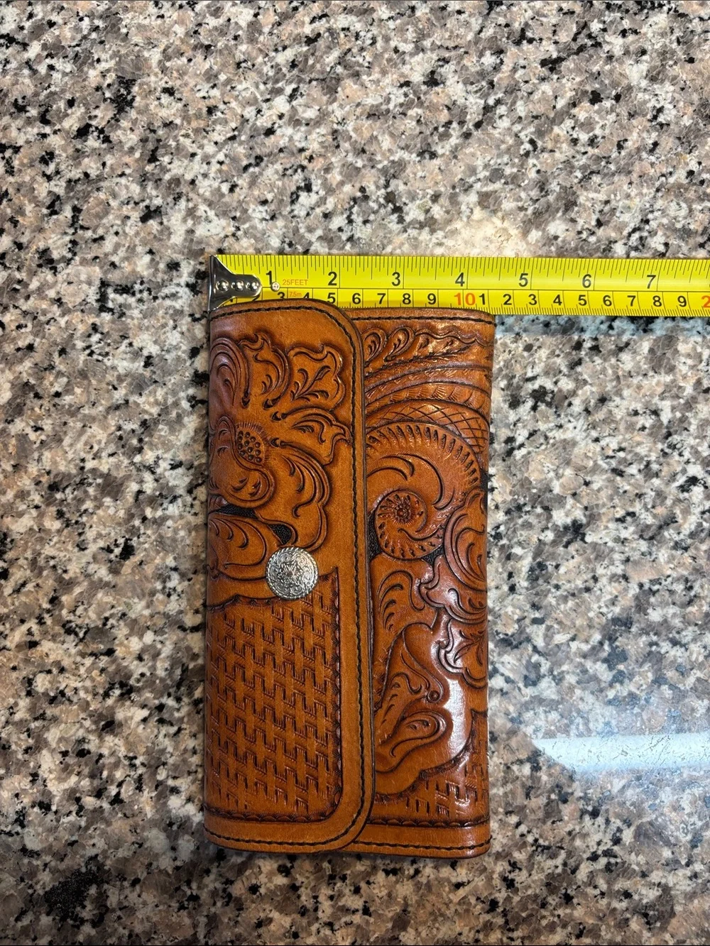 Embossed Floral Tooled Leather Wallet Clutch - Tan